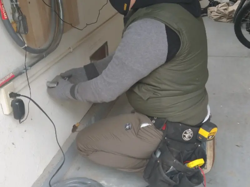 Electrician performing outlet wiring in a Nolensville garage